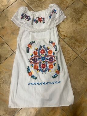 White Off-Shoulder Embroidered Mexican-Style Dress with Multicolor Floral Motif